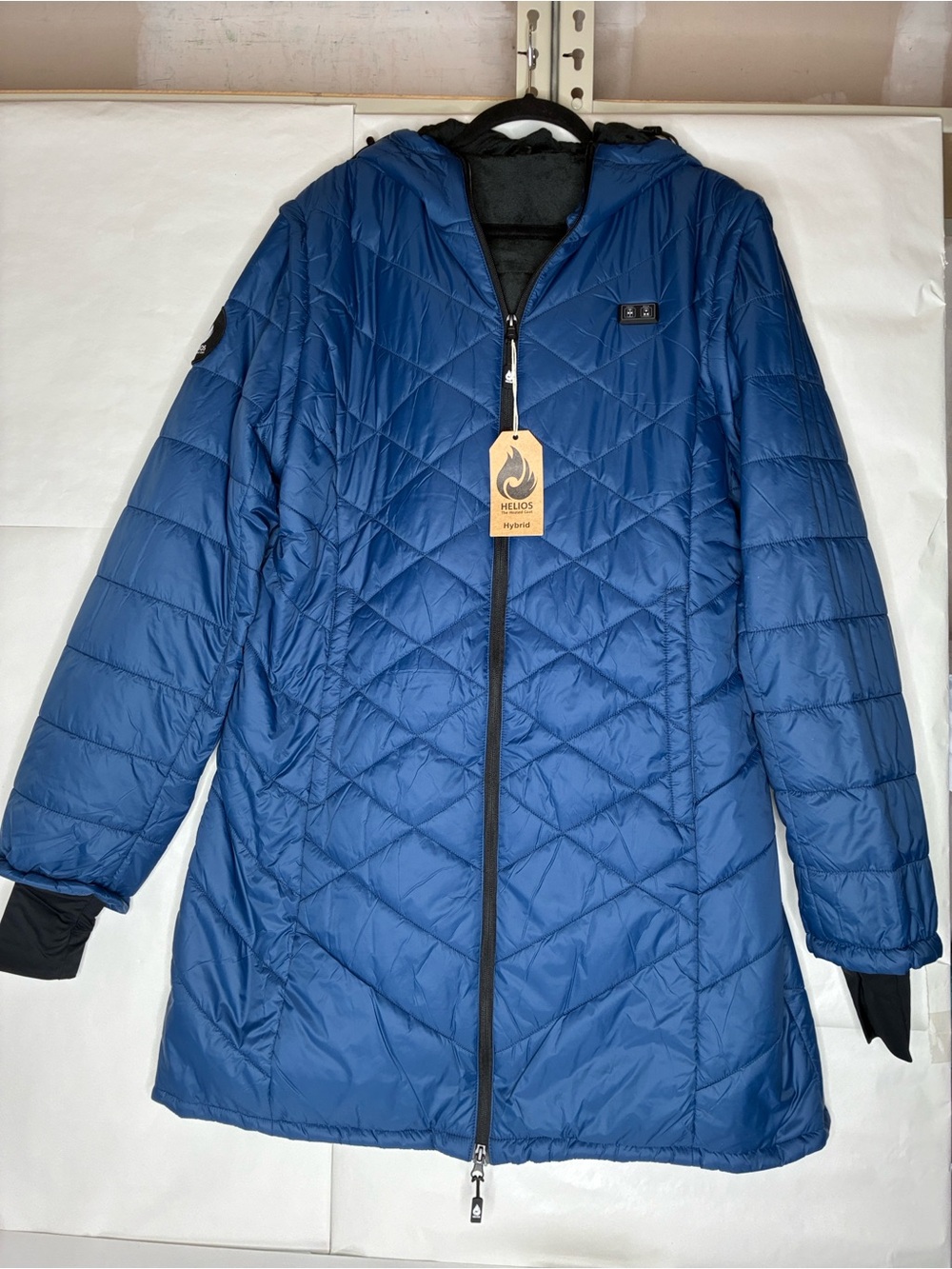 Hybrid Long Quilted Puffer Jacket in Blue with Hood